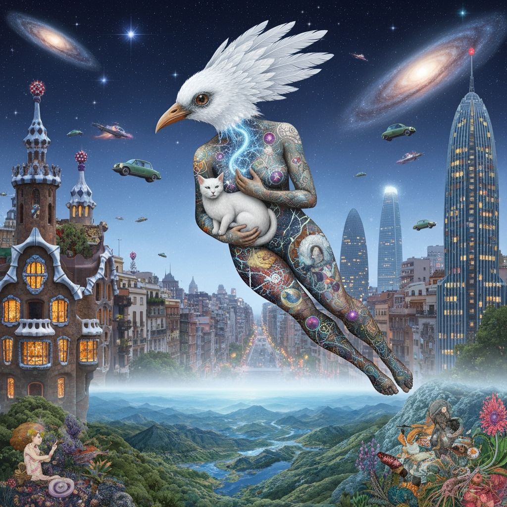 Surreal Gaudí Cityscape with Bioluminescent Figure