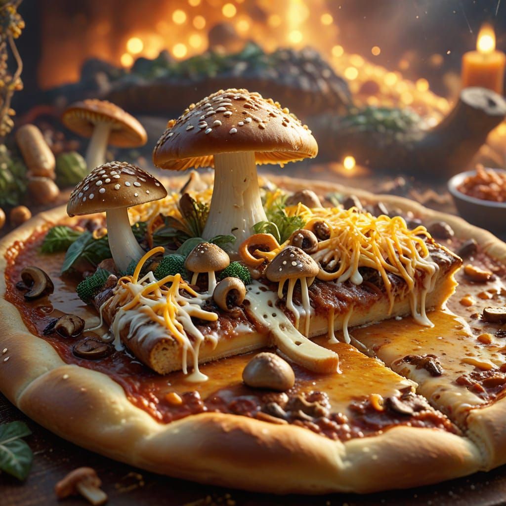 Mushroom Creature on Pizza Island in Dreamy Style