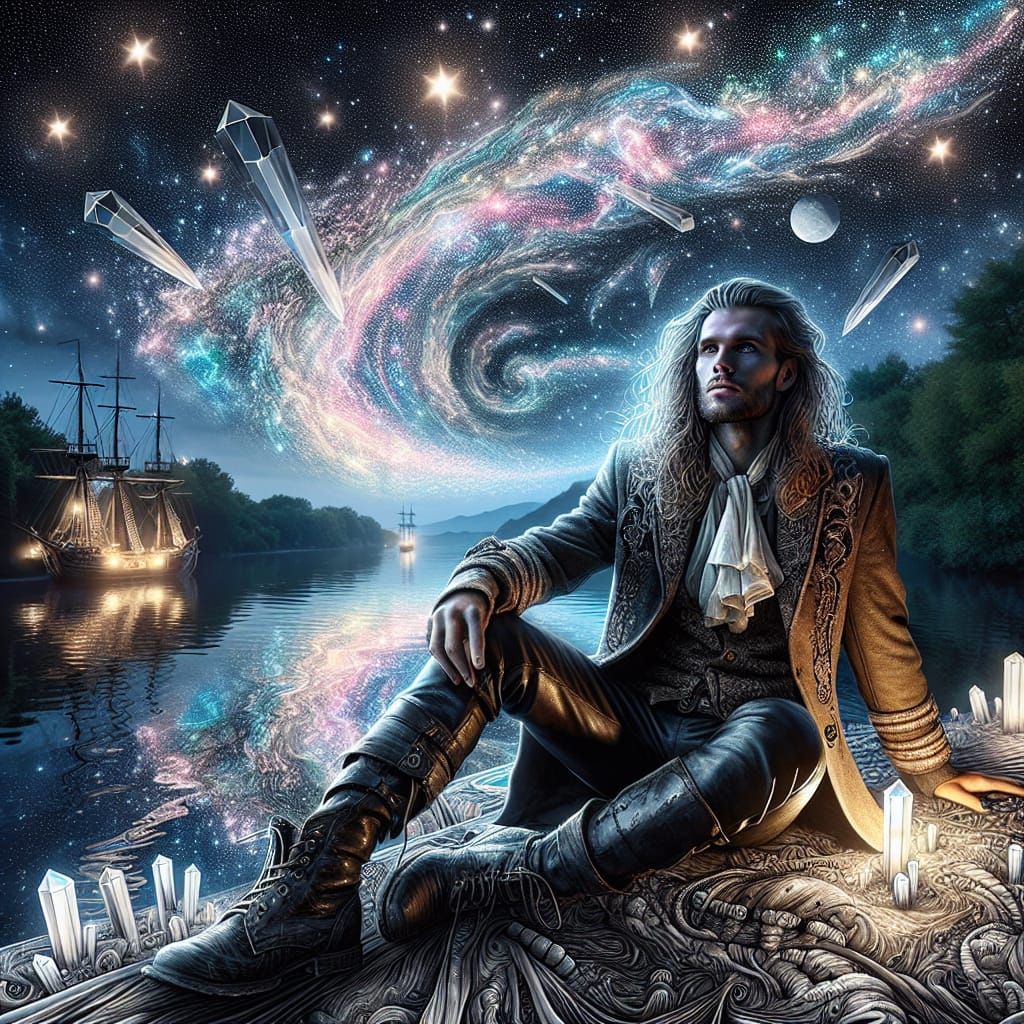 Steampunk Man Gazing at Starry River: Hyperrealistic Portrai...