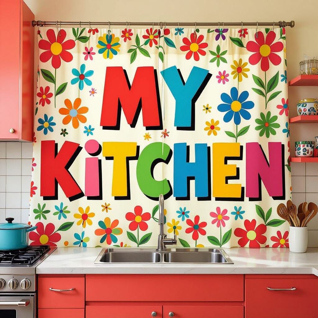 Floral Kitchen Curtain with Bold Letters in Pop Art Style