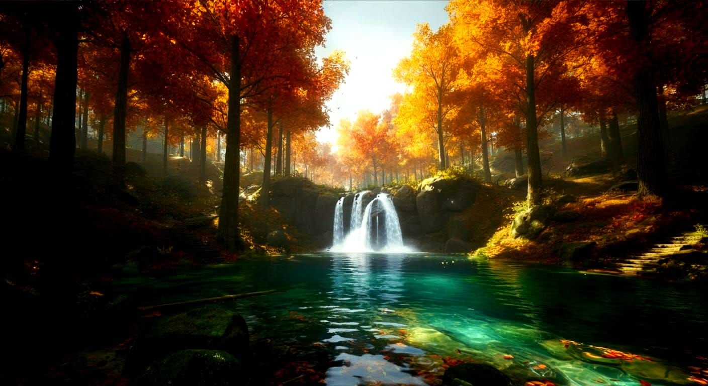 Autumn Woods Lagoon Landscape in Golden Light