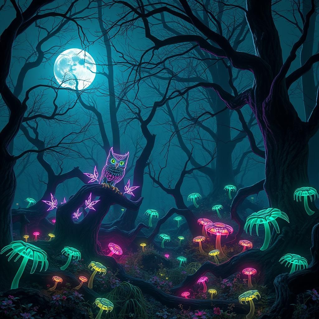 Neon Forest Owls in a Mystical Landscape