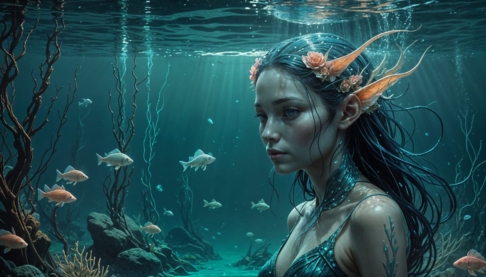 Hyper-Realistic Underwater Elf-Axolotl Hybrid in Dark Blue H...