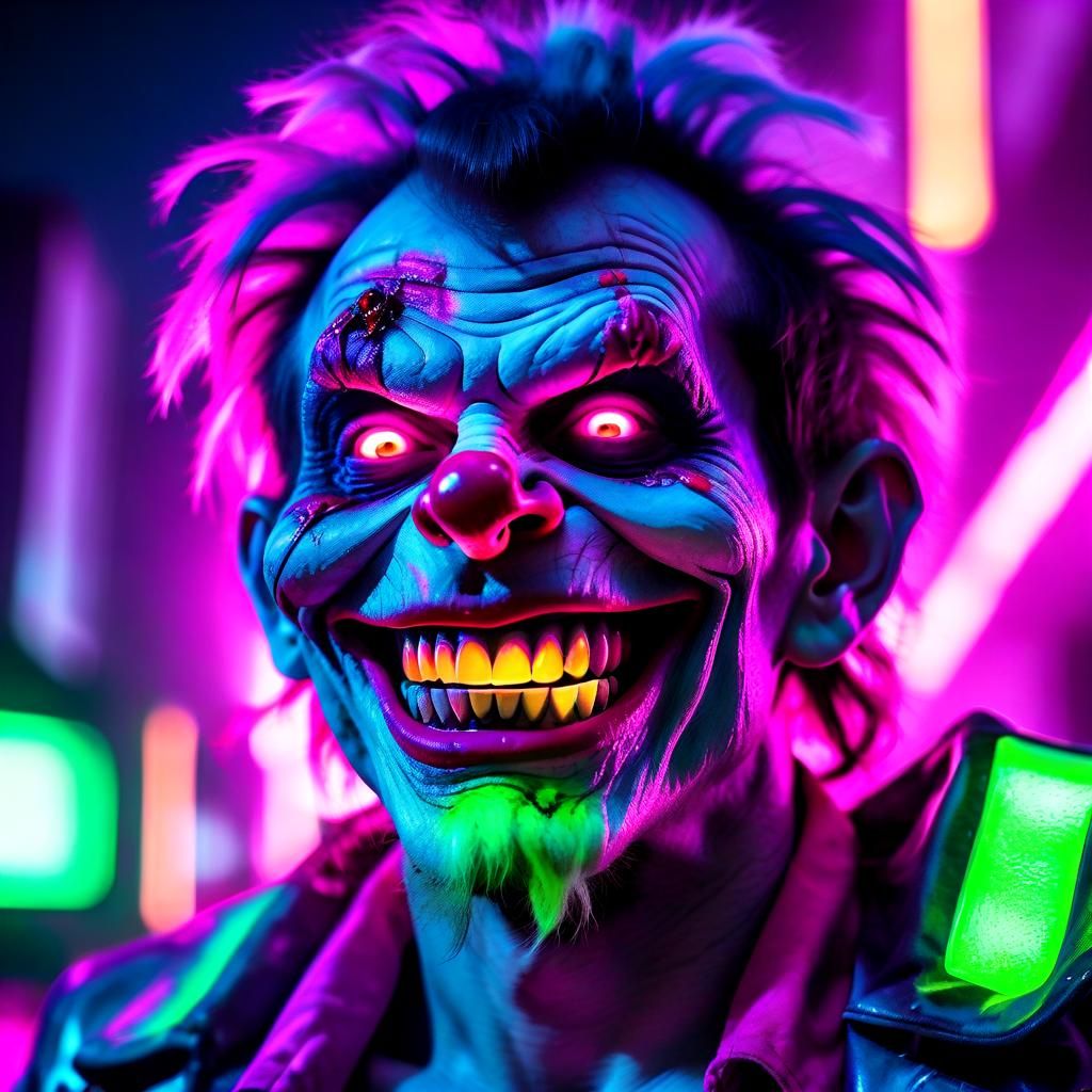 Neon Dystopian Monkey-Clown in Synthwave Cityscape