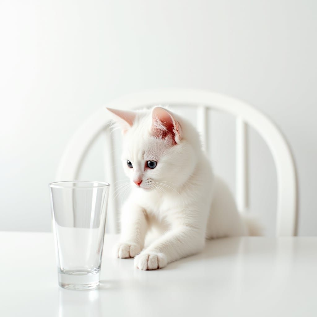 White Cat Pushes Glass Off Table in Realistic Photo