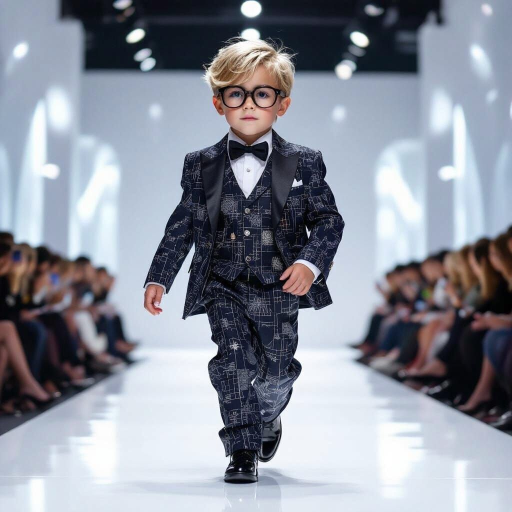 Blonde Boy Model on Fashion Runway in Designer Outfit