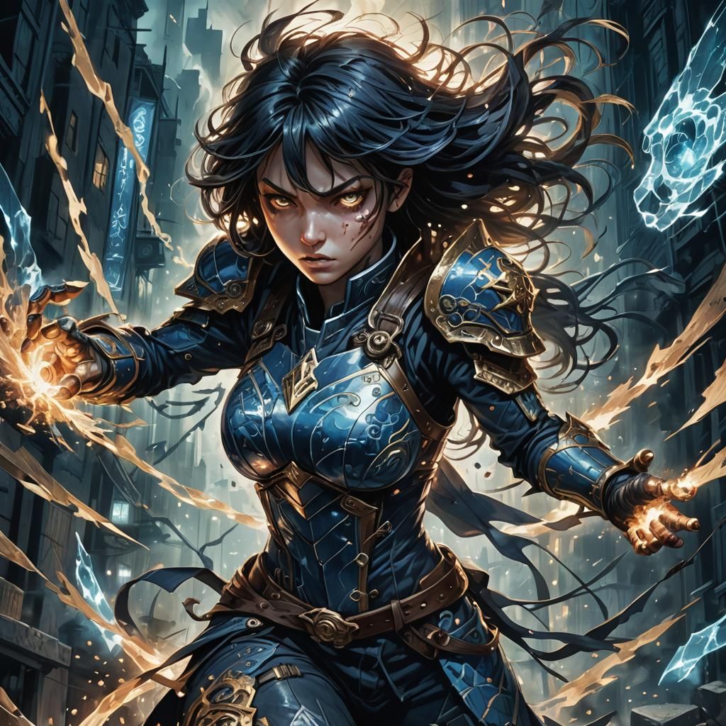 Anime Woman Fighter Unleashes Energy in Dark Dystopia