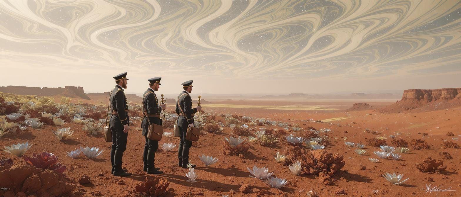 Alien Biologists on Desert Plateau in Art Nouveau Style