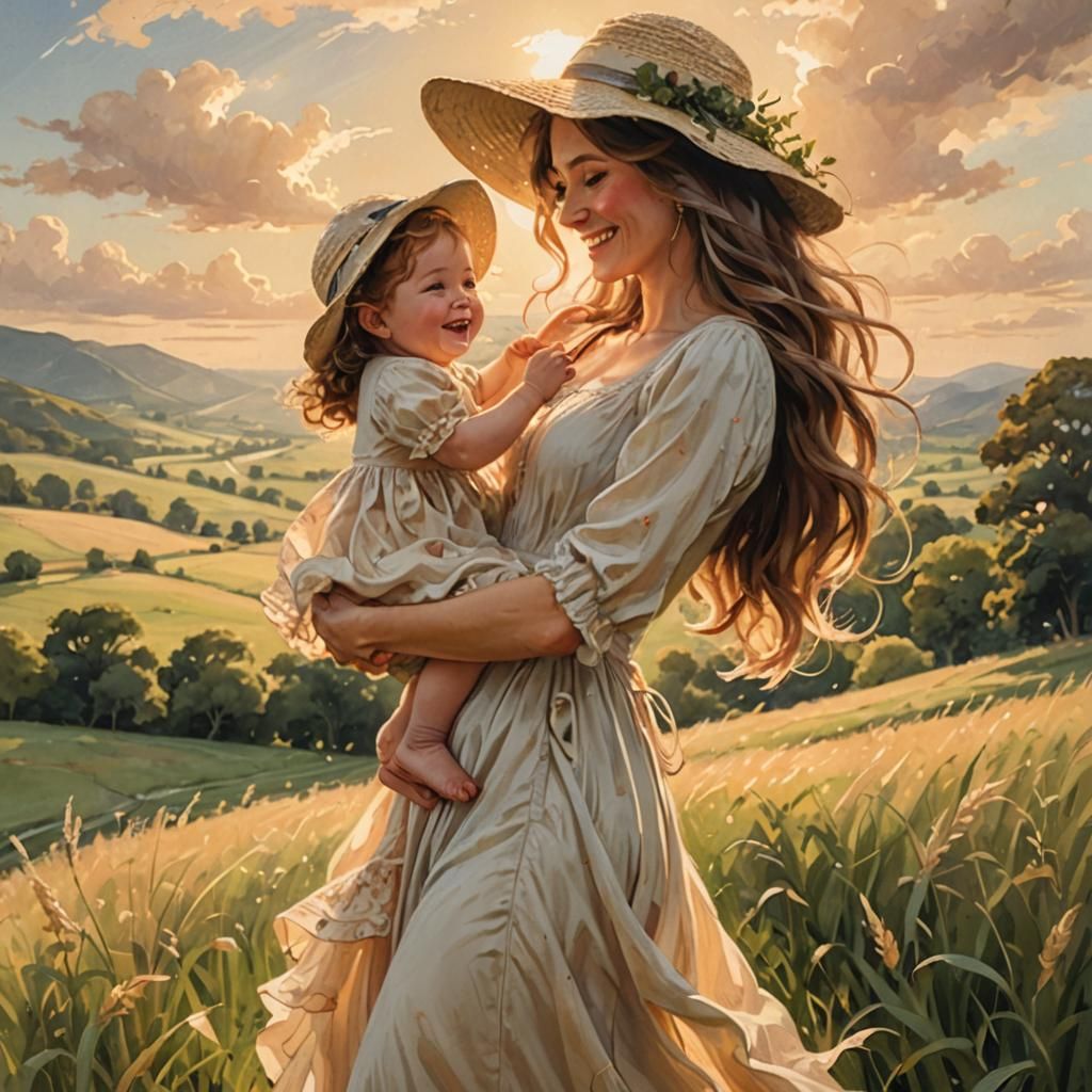 Loving Mother and Child Illustration in Sunlight