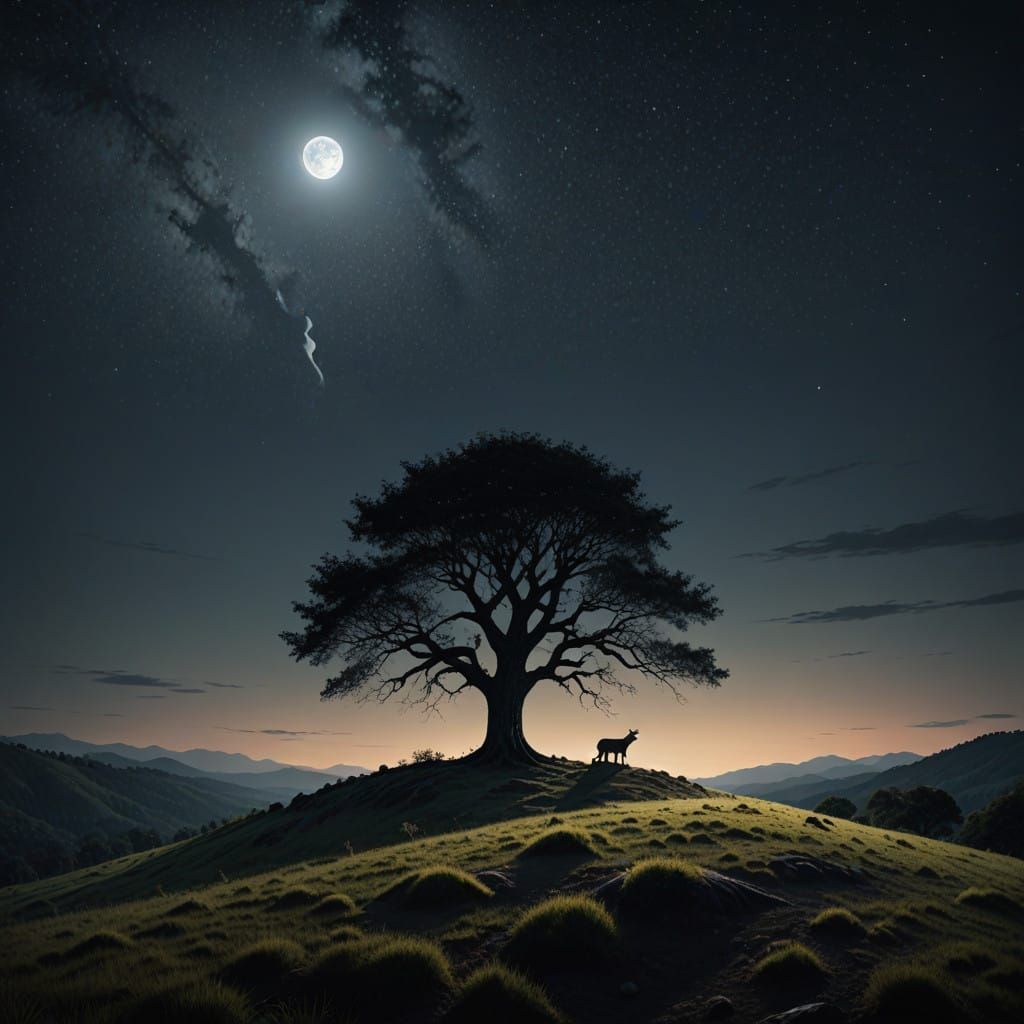 Moonlit Forest Scene with Animals in Shadows
