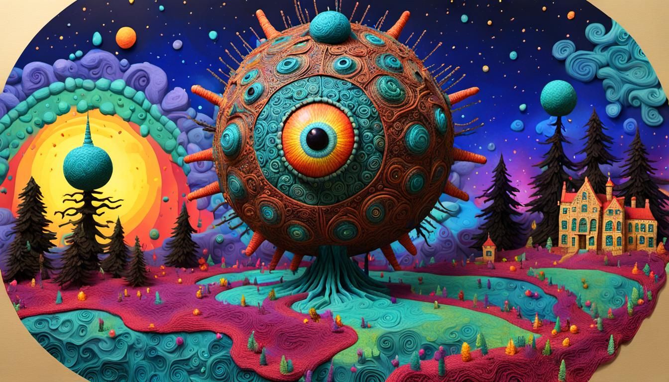 Whimsical Beholder Sculpture in Vaporous Xylography