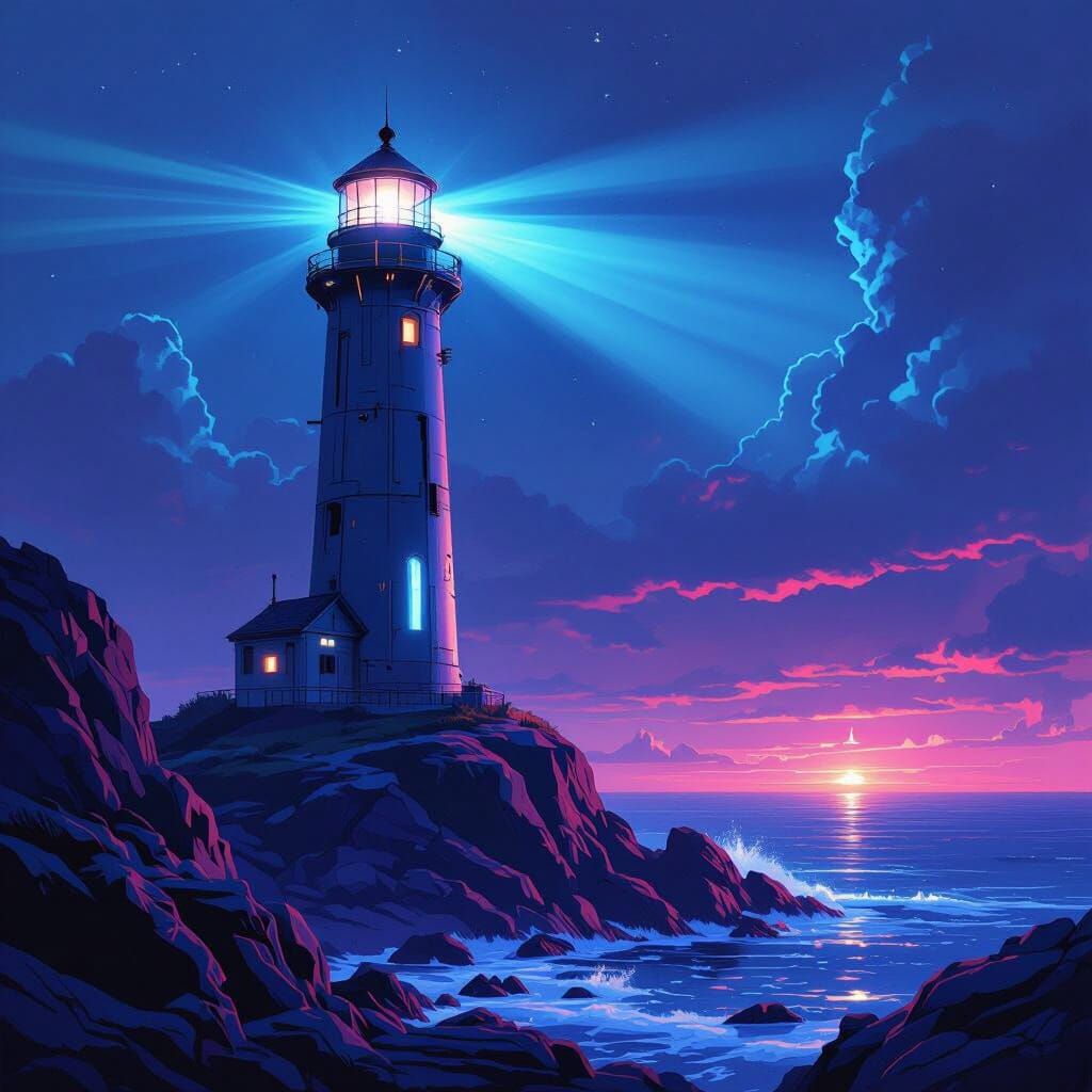 Futuristic Lighthouse on Rocky Coastline in Cyberpunk Style