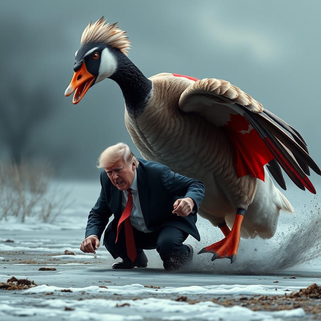 Canadian Goose Chases Trump in Hyper-Realistic Art