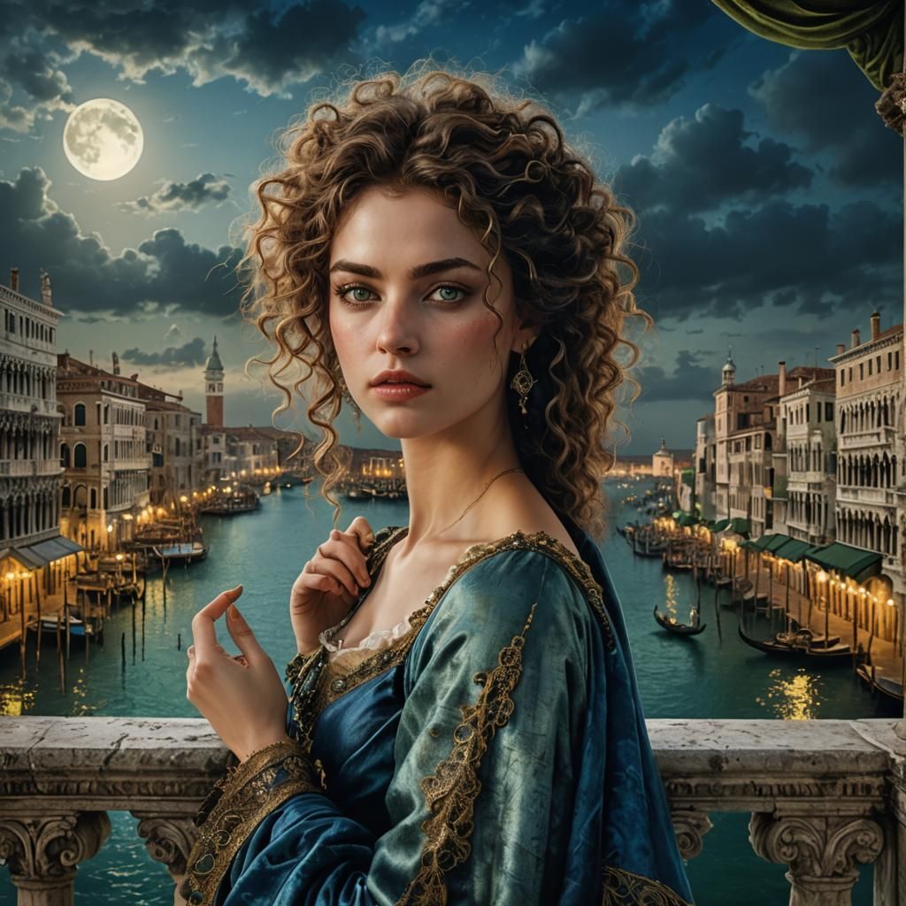 Venetian Woman on Balcony in Fantasy Art Style