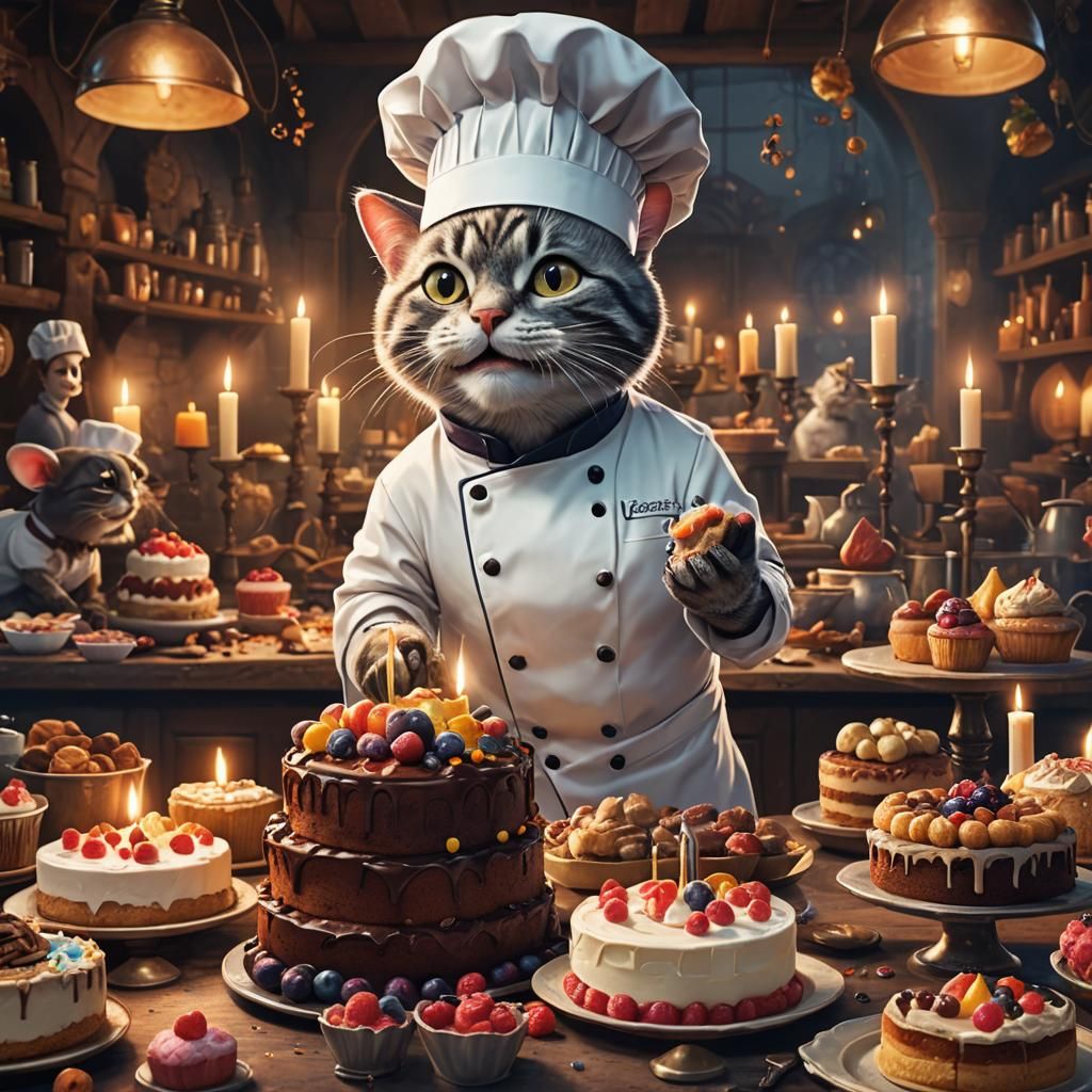Cat Chef in Confectionery Workshop with Mouse Cake