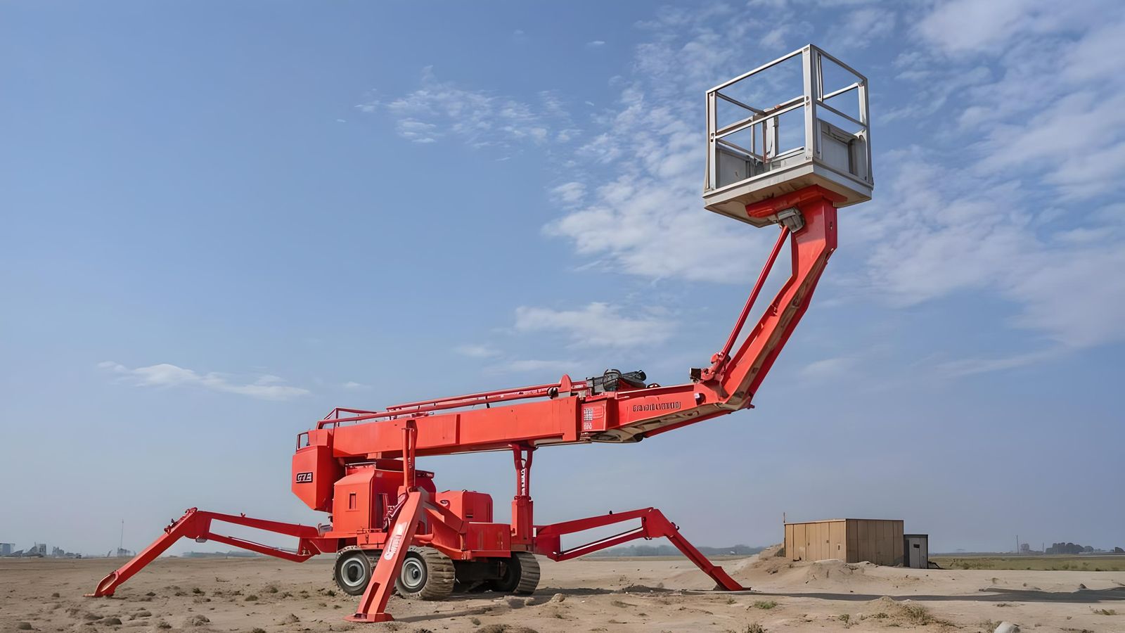Red Bucket Truck on Dirt, Photorealistic Style
