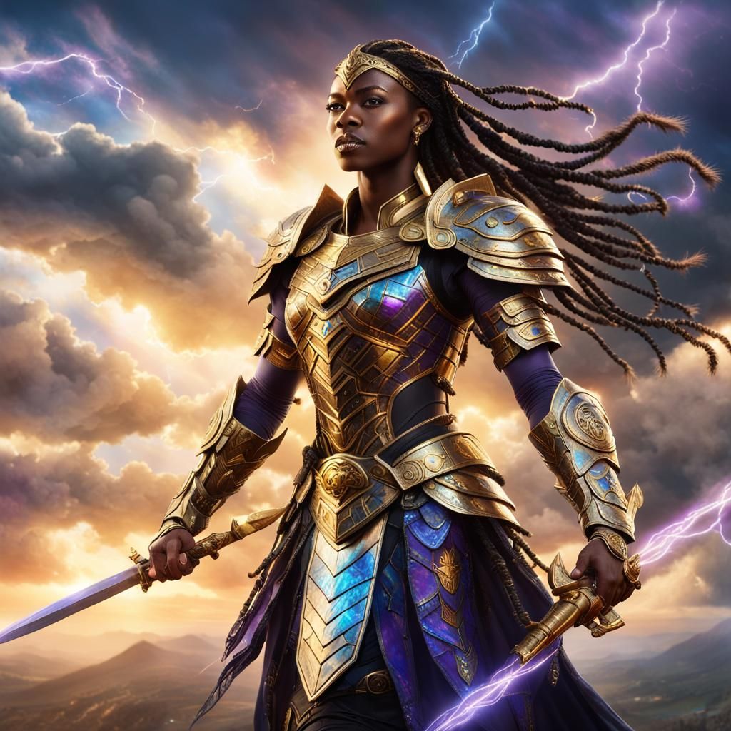 Epic Black Warrior Woman in Holographic Gold Armor
