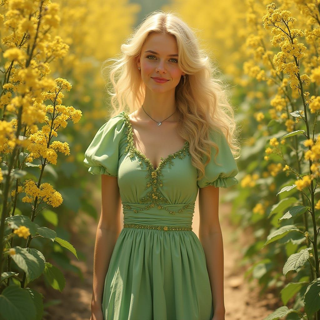 Blonde Woman in Floral Path, Art Nouveau Style