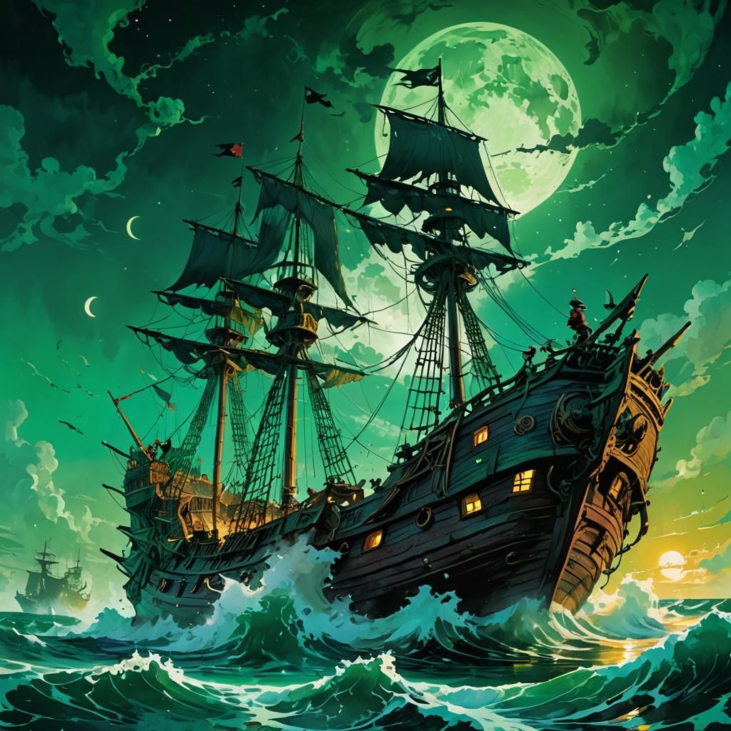 Haunted Pirate Ship and Green Moon, Comic Book Art