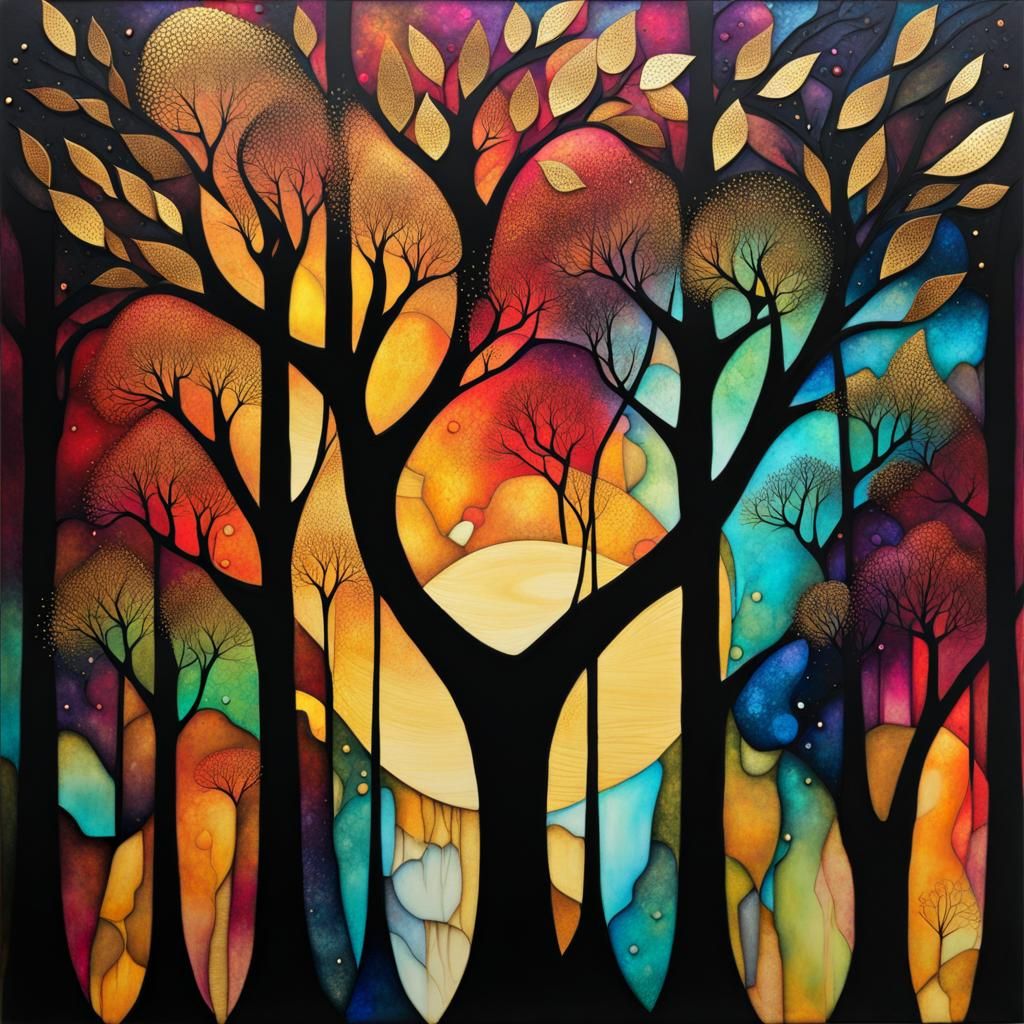 Mystical Night Under Fantasy Trees in Cubist Style