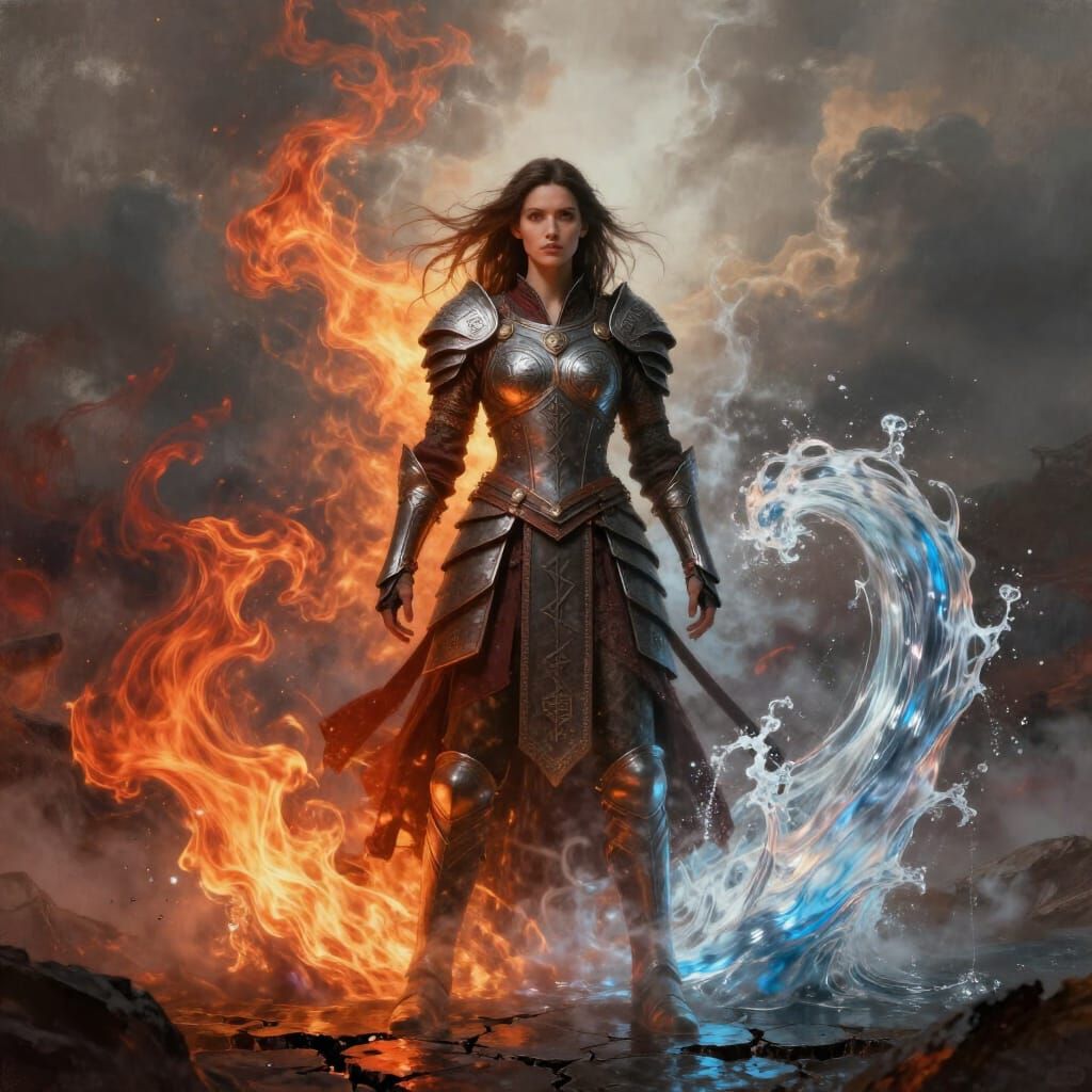 Warrior Amidst Fire and Water in Stormy Fantasy Landscape