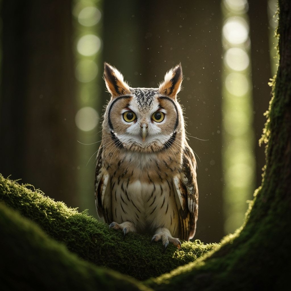 Hybrid Owl-Cat Creature in Ancient Forest