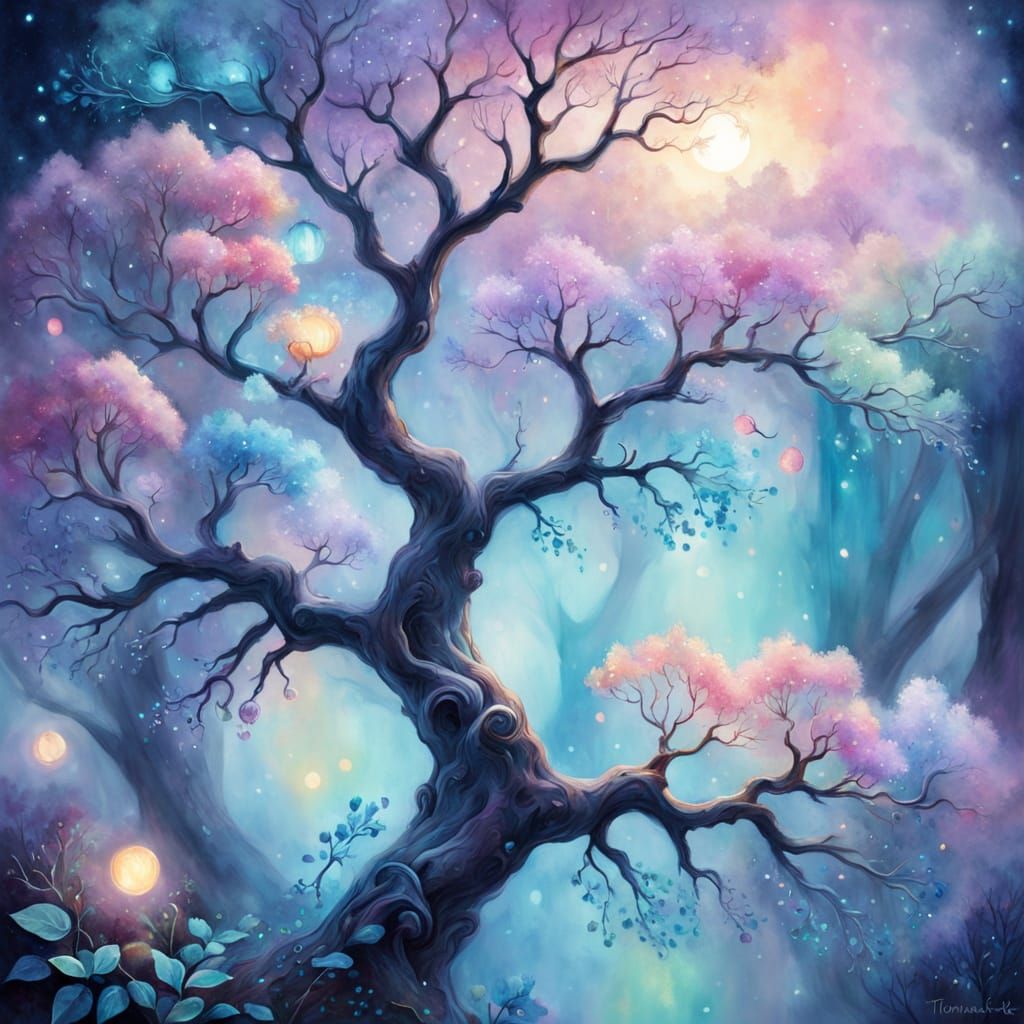 Whimsical Watercolor Tree in Mystical Nighttime Setting