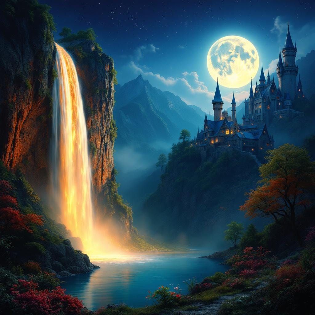 Fairytale Castle Waterfall Under the Moonlight