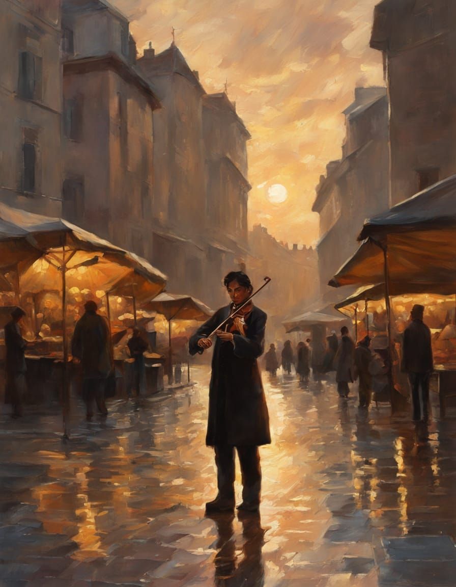 Violinist's Golden Hour Performance: Impressionist Oil Paint...