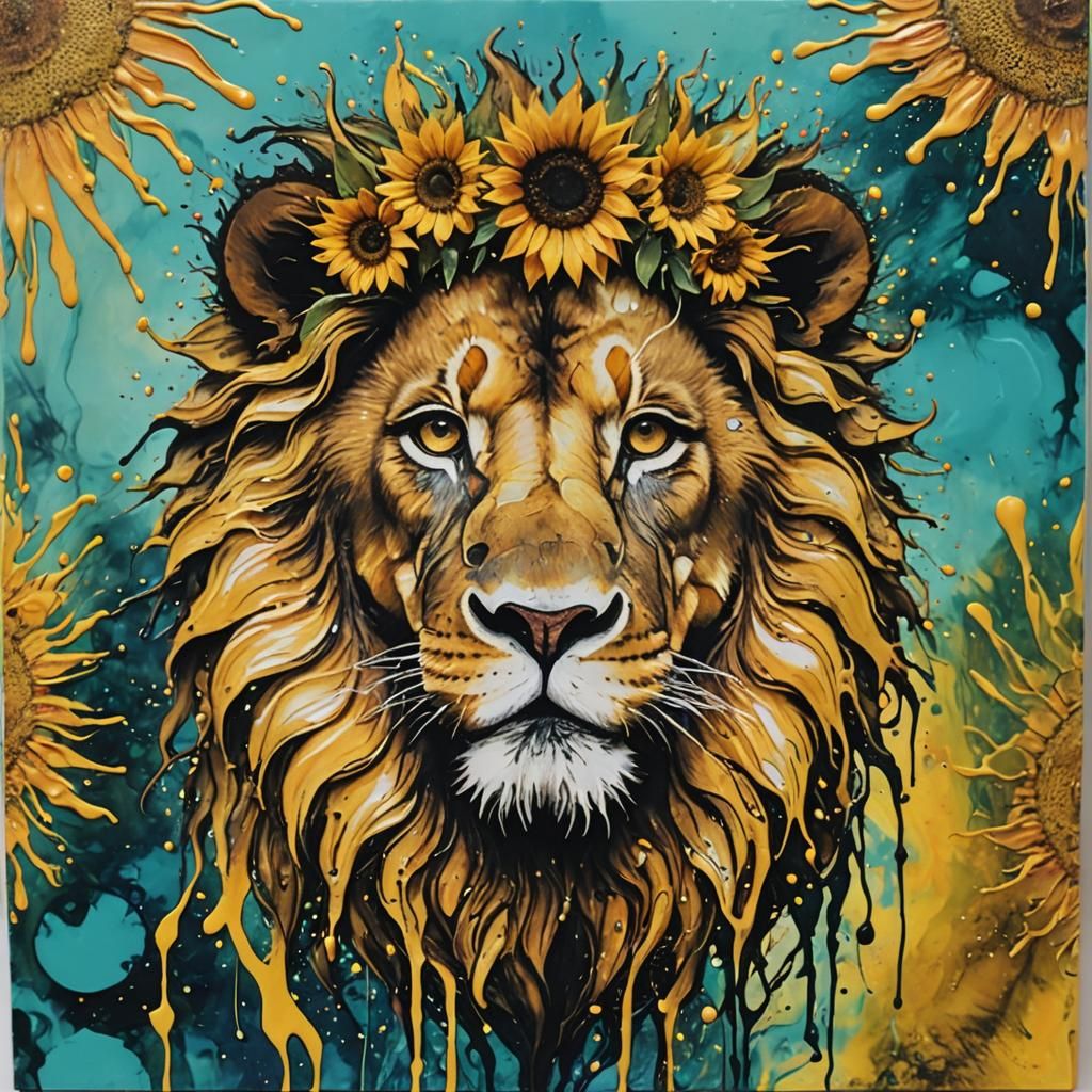 Lion in Sunflower Crown: Acrylic Pour Art