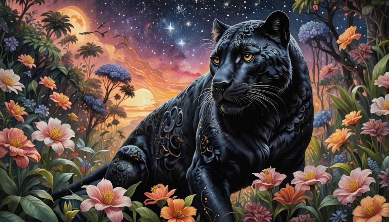 Ornate Black Panther in Flower Jungle Photograph