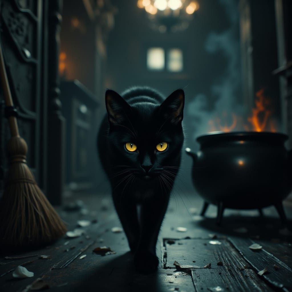 Photorealistic Black Cat With Yellow Eyes Emerges From Darkn...