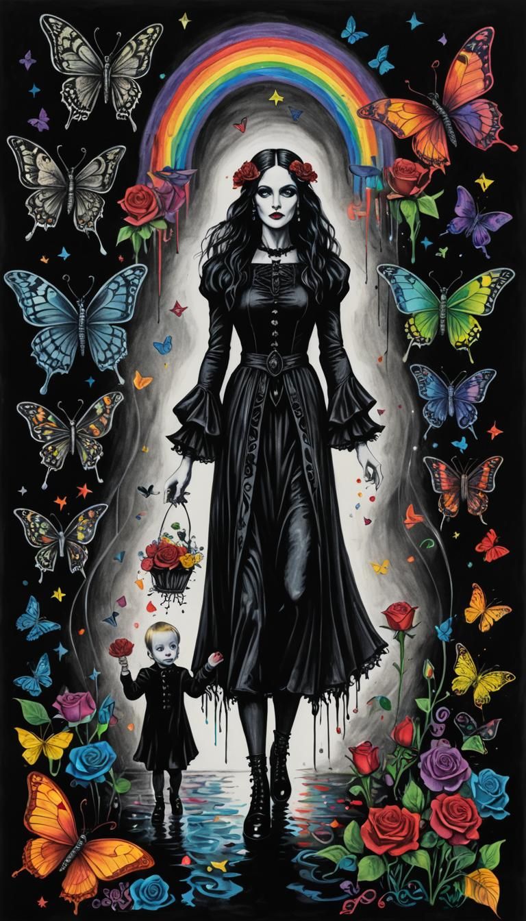 Surreal Gothic Mother and Child Crayon Drawing