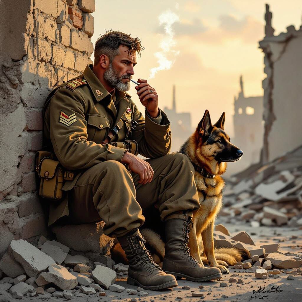 Soldier and Dog in War-Torn City, Norman Rockwell Style