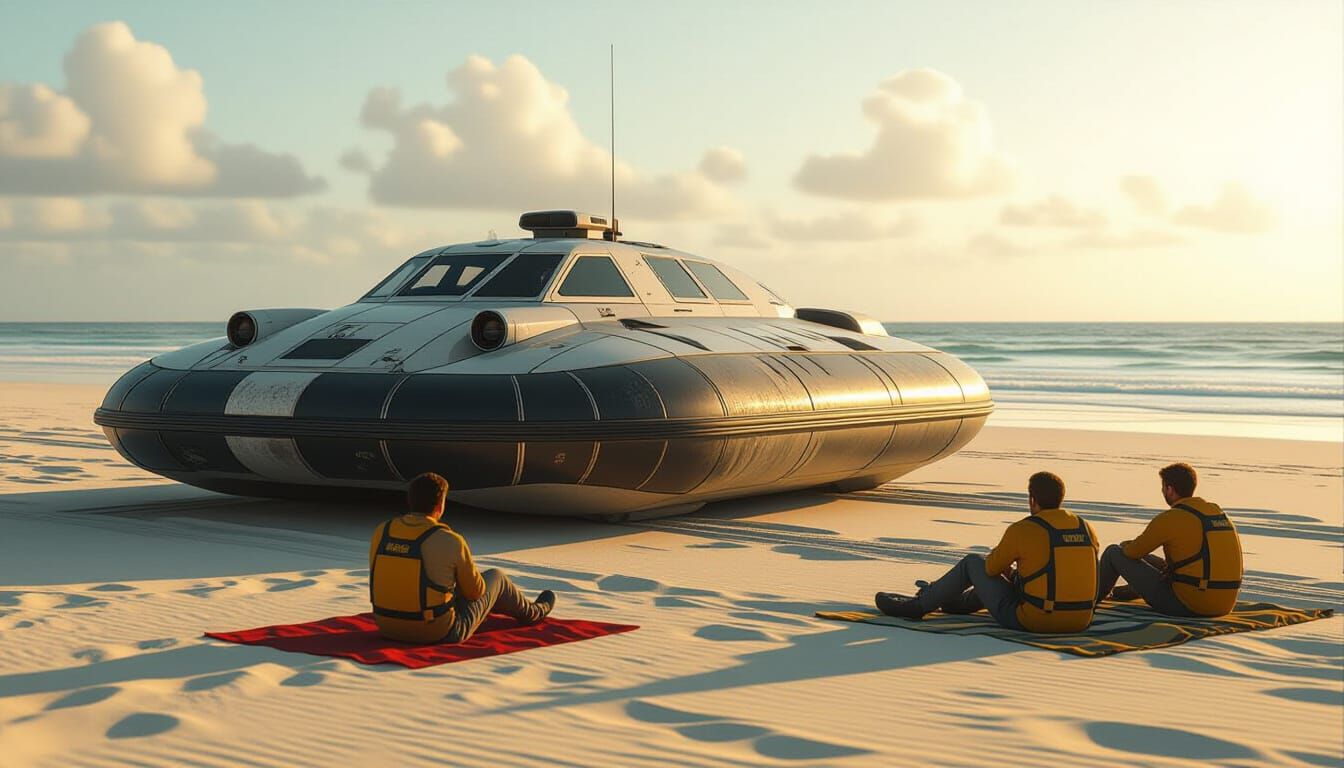 hovercraft 
parked with crew resting