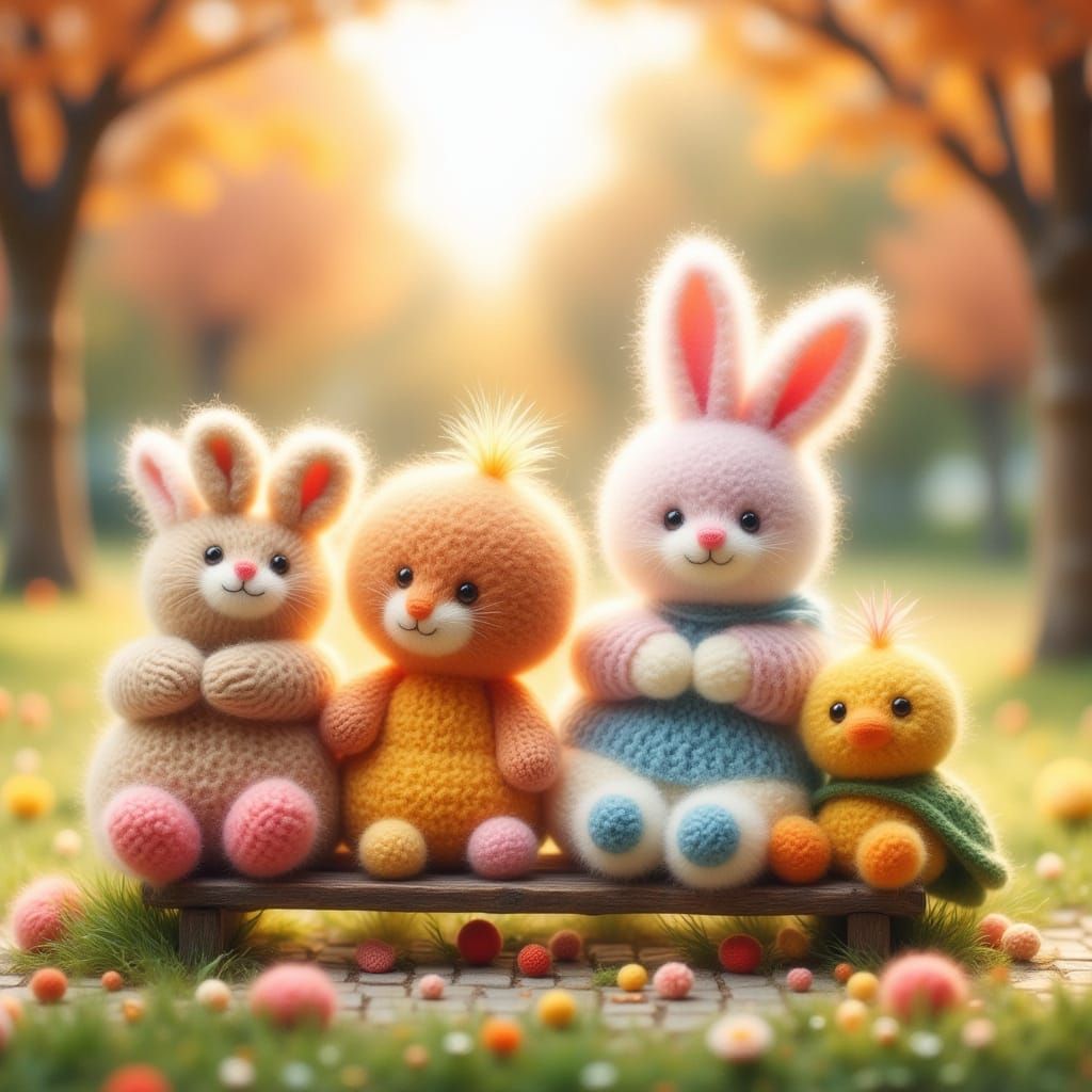 Adorable Pom-Pom Animals on Park Bench, Children's Illustrat...