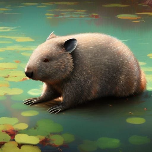 Wombat in Pond, Impressionist Art Style