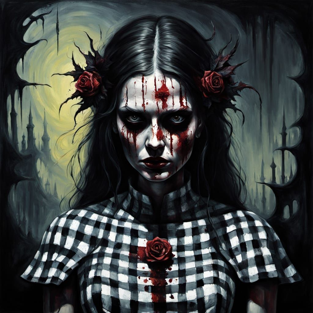 Surreal Gingham Portrait in Dark Fantasy Style