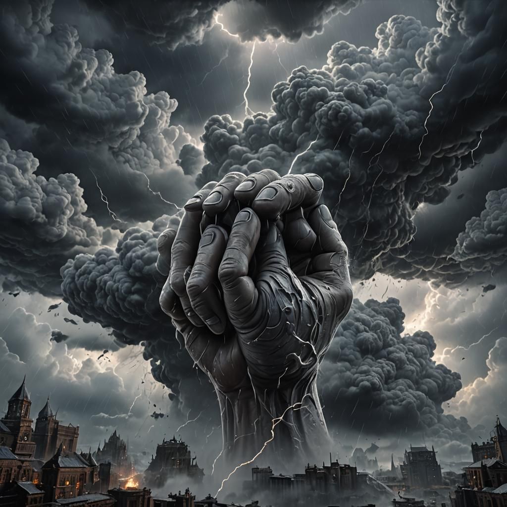 Giant Hand Emerges from Stormy Cloudscape