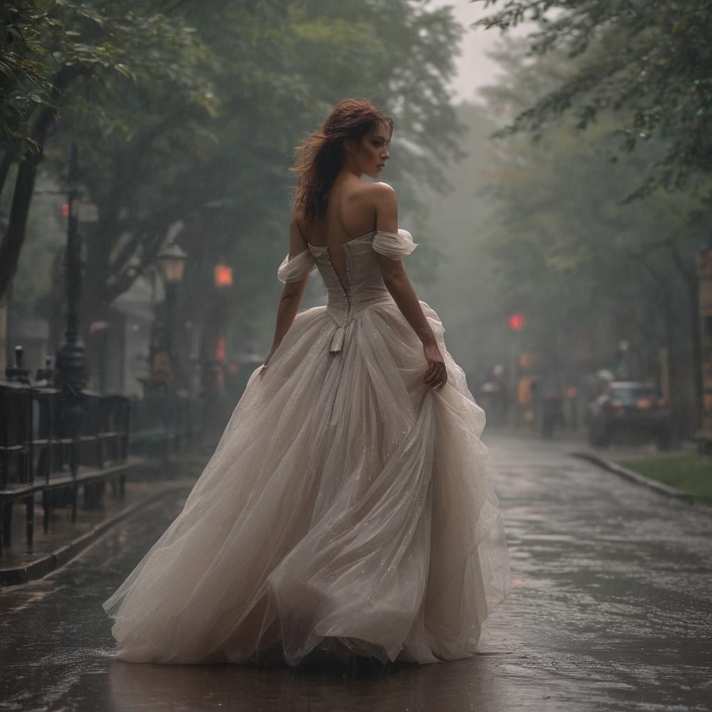 Woman in Ballgown Walking in Rain, Oil Painting