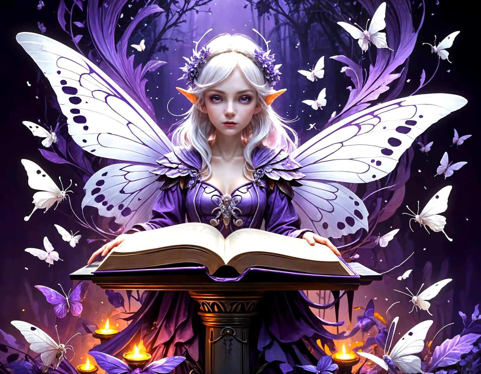 Pale Fairy Arranging Books in Dark Fantasy Style