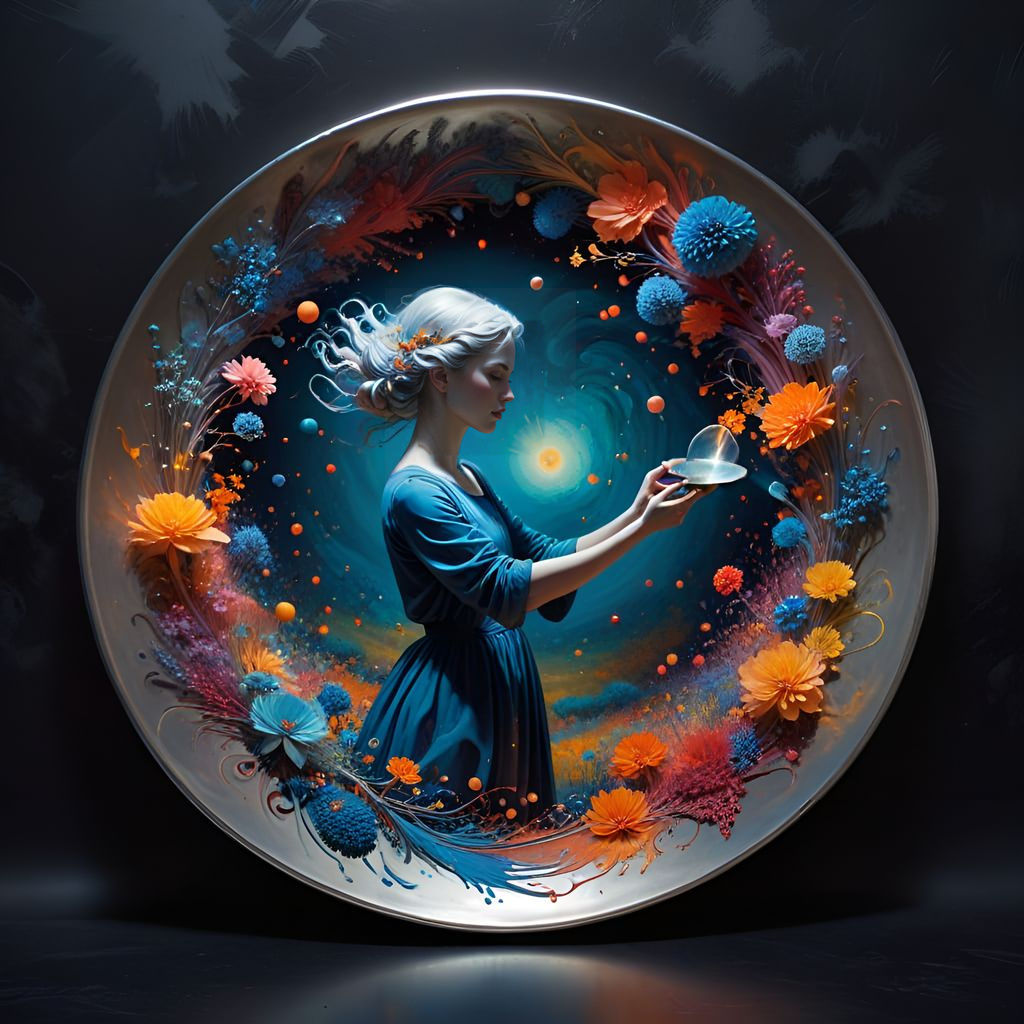 Lady in Surreal Renaissance Style with Blooming Flowers