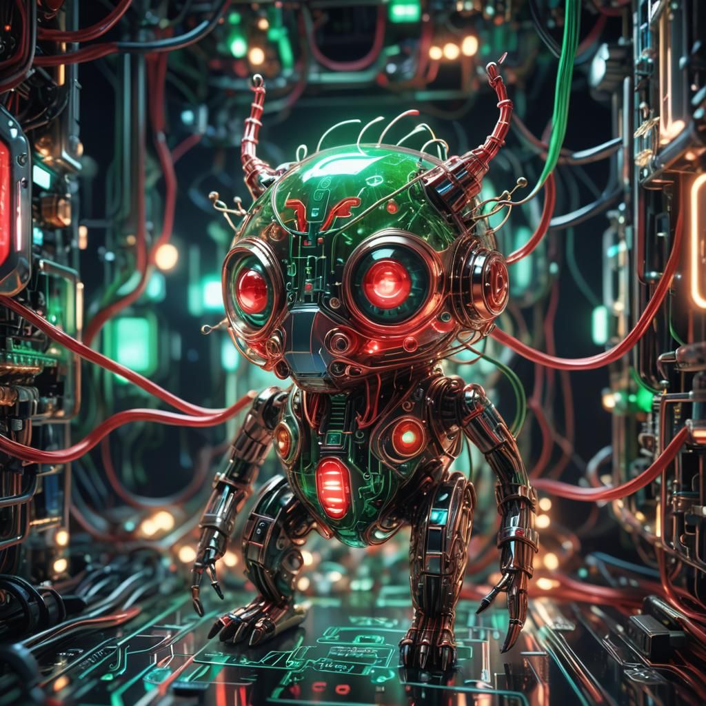 Glowing Kawaii Circuit Board Creature in Steampunk Style
