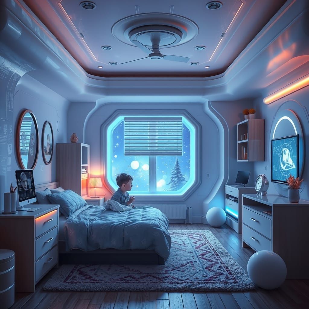 Futuristic Child's Bedroom with Parents in 3D