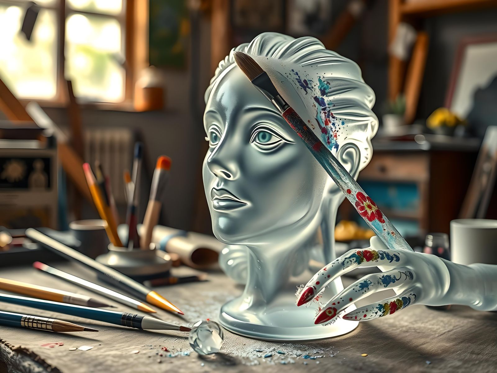 Glass Sculpture Painting with Enamel, Hyperrealistic 8K