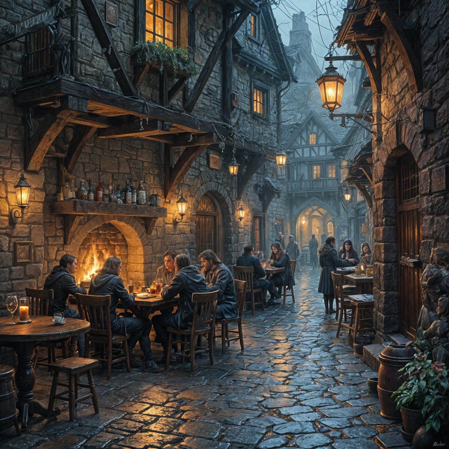 Cozy Tavern Interior with Fireplace & Rainy Alley