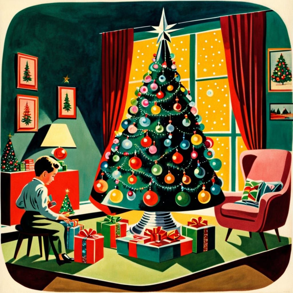 Whimsical Silver Christmas Tree in Mid Century Modern Living...