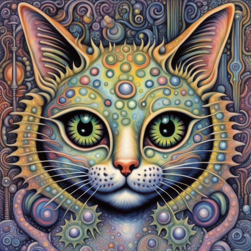 Psychedelic Biomechanical Cat Inspired by Surrealist Art