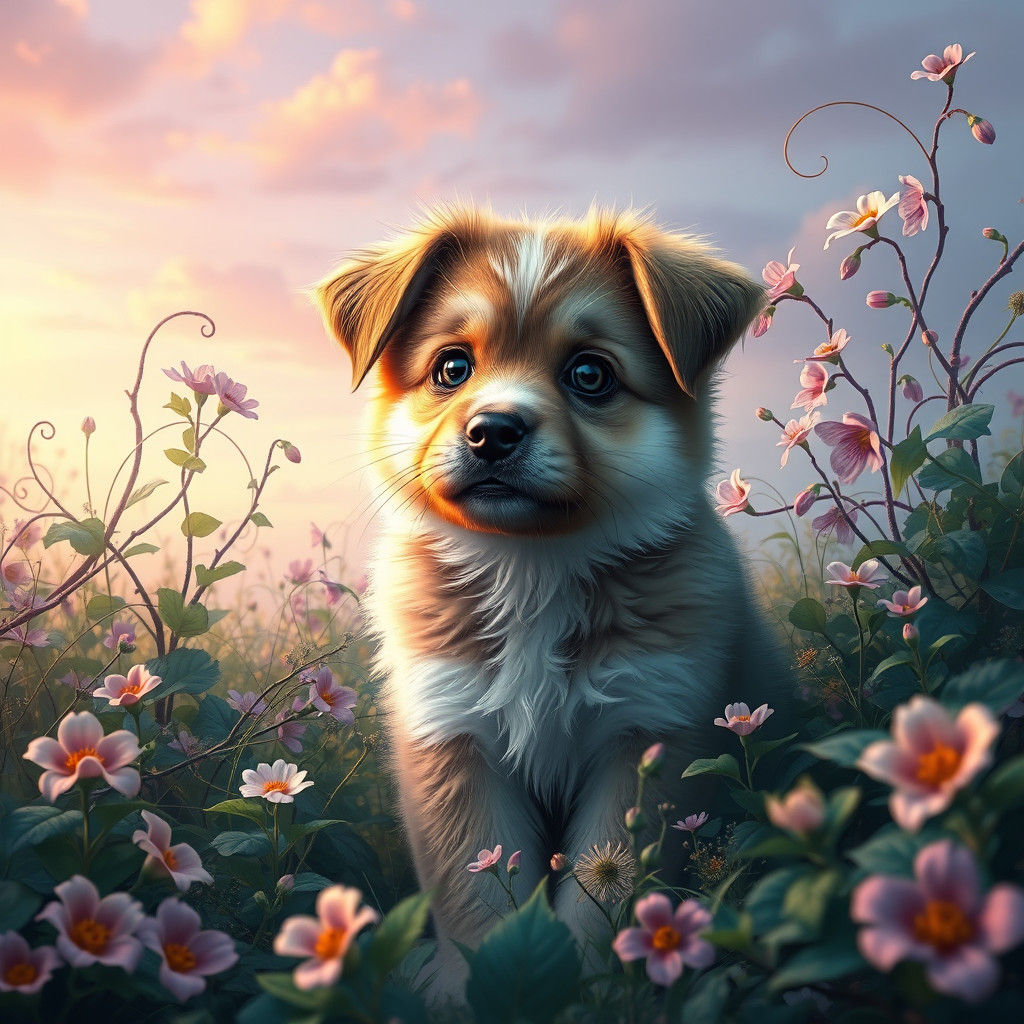 Majestic Puppy in Dreamlike Fantasy Landscape
