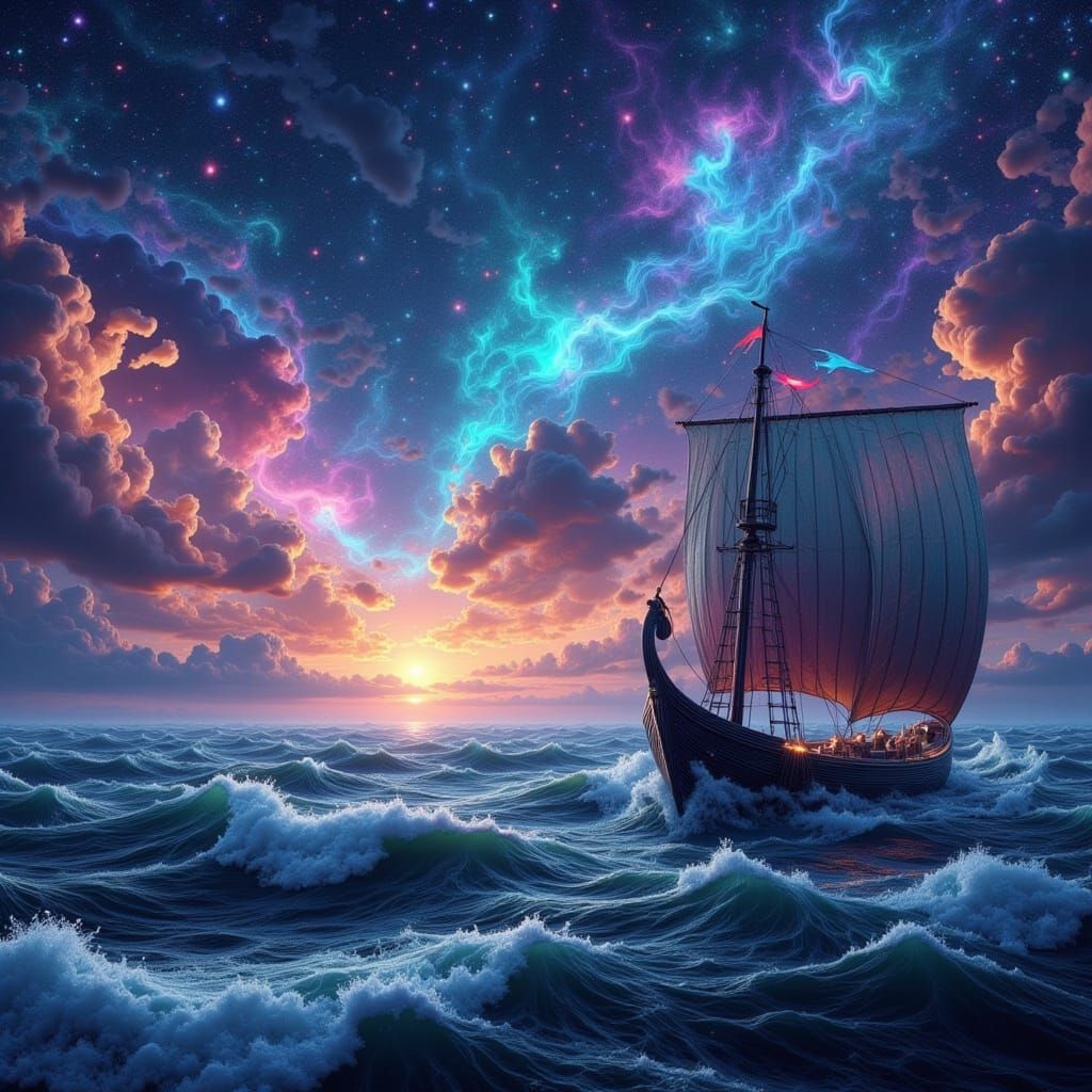 Viking Longboat Sails Under Starry Nebula Sky